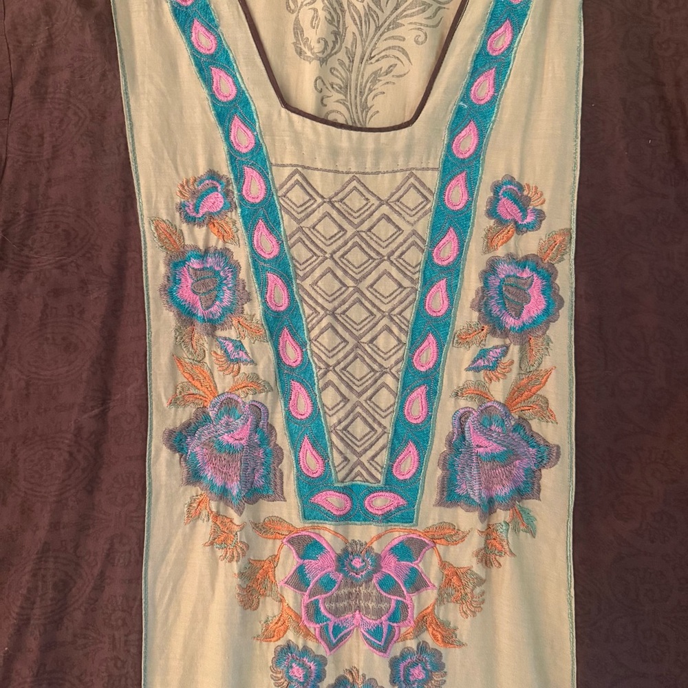 Vintage Brown & Cream Embroidered Kaftan Kurta Maxi Dress with Blue & Pink XL - Picture 8 of 8